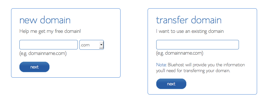 Choose to transfer or create a new domain in bluehost